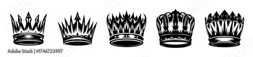 A row of detailed black and white line art crowns representing royalty symbol of monarchy and power