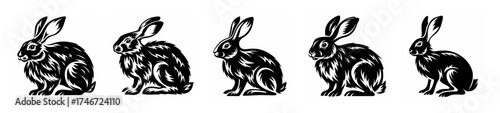 Five stylized jackrabbit silhouettes in a row artistic black and white depiction