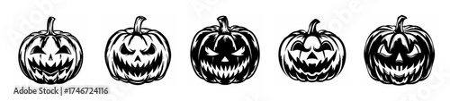 Five spooky jack-o-lantern faces with carved expressions for halloween decorations and celebrations