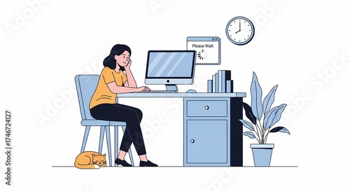 Woman Working at Home Office Desk with Computer, Remote Work Flat Vector Illustration