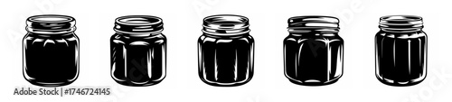 A row of five dark jam jars or preserves containers with lids on a bright surface detail