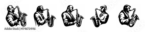 A series of artistic black and white sketches of talented jazz saxophonists performing music