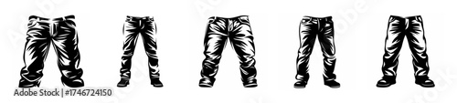 Five identical detailed abstract black and white sketches of denim jeans in a row