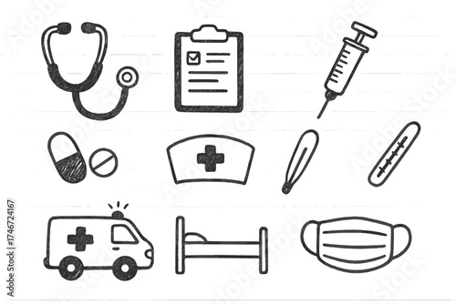 Doctor Doodle Icons. Doctor doodle icon set: hand drawn icons of stethoscope, clipboard, syringe, pills, nurse cap, thermometer,