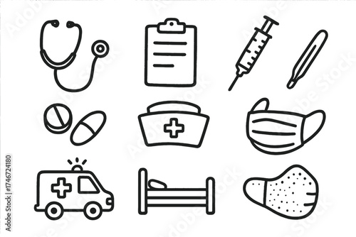 Doctor Doodle Icons. Doctor doodle icon set: hand drawn icons of stethoscope, clipboard, syringe, pills, nurse cap, thermometer,