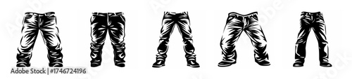 Black and white silhouettes of five pairs of jeans displayed together for fashion design concepts