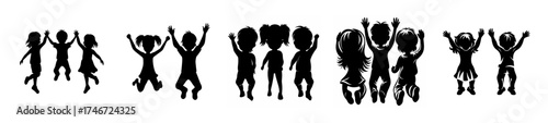 Joyful silhouette children celebrating jumping with arms raised in a group