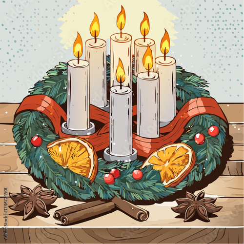 Adventskranz mit brennenden Kerzen auf Holztisch