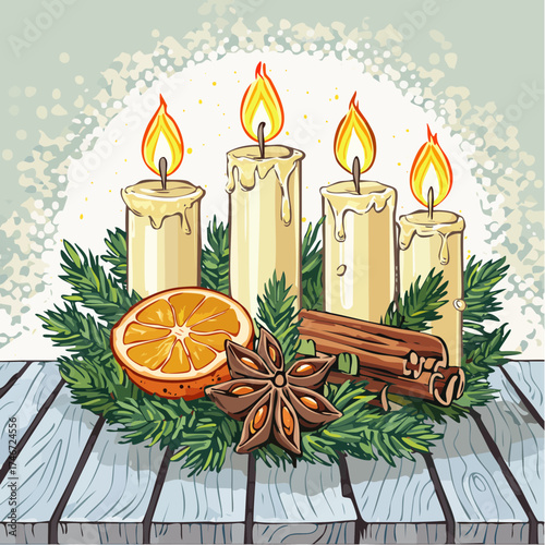 Adventskranz mit brennenden Kerzen auf Holztisch