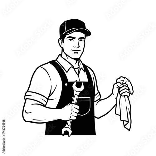 Skilled Mechanic in Cap and Apron Holding Wrench and Rag.
