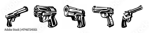 Collection of five handgun designs featuring intricate details and classic firearm silhouettes