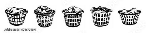 Five wicker laundry baskets filled with clothes a close up sketch on a