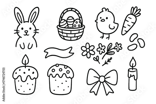 Easter Doodle Icons. Easter doodle icon set: hand drawn icons of bunny, egg basket, chick, carrot, jelly beans, cake, ribbon,