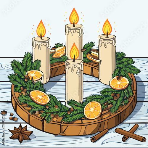 Adventskranz mit brennenden Kerzen auf Holztisch