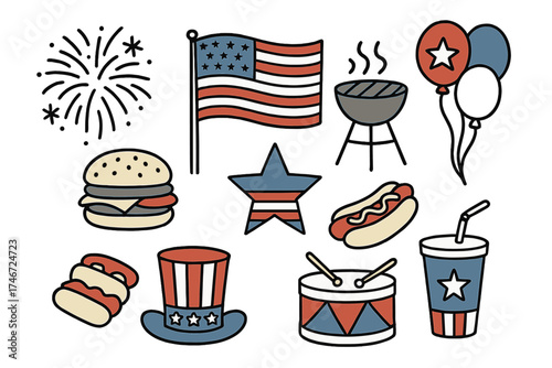 4th July Icon Set. 4th of July doodle icon set: hand drawn icons of fireworks, flag, barbecue, burger, hot dog, star, hat, soda,