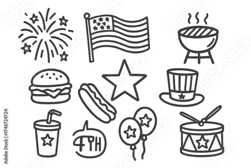4th July Icon Set. 4th of July doodle icon set: hand drawn icons of fireworks, flag, barbecue, burger, hot dog, star, hat, soda,