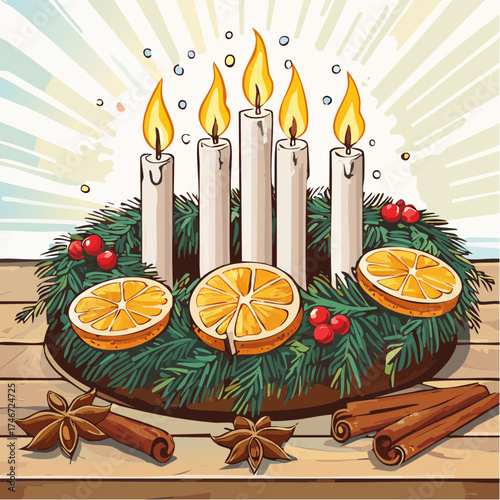 Adventskranz mit brennenden Kerzen auf Holztisch