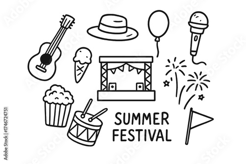 Summer Festival Icons. Summer festival doodle icon set: hand drawn icons of guitar, hat, balloon, ice cream, stage, microphone,