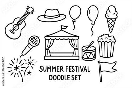 Summer Festival Icons. Summer festival doodle icon set: hand drawn icons of guitar, hat, balloon, ice cream, stage, microphone,