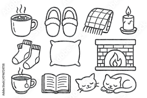 Cozy Winter Essentials. Winter cozy doodle icon set: hand drawn icons of hot cocoa, slippers, blanket, candle, socks, pillow,