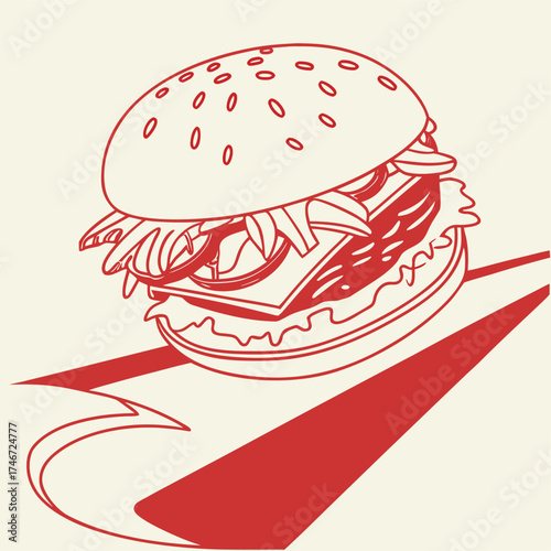 Vector art of delicious hamburger with lettuce, onion, and cheese, red outline illustration