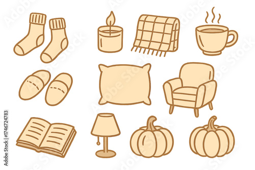 Cozy Autumn Icons. Autumn cozy doodle icon set: hand drawn icons of socks, candle, blanket, tea, slippers, pillow, chair, book,