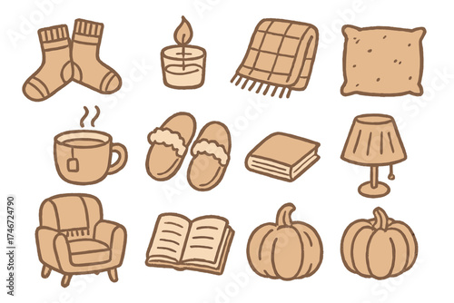 Cozy Autumn Icons. Autumn cozy doodle icon set: hand drawn icons of socks, candle, blanket, tea, slippers, pillow, chair, book,