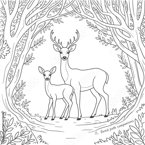 Adult deer and fawn standing in a forest clearing surrounded by trees