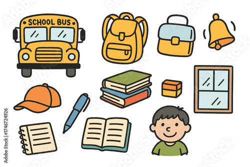 School Doodle Icons. School bus doodle icon set: hand drawn icons of yellow bus, backpack, lunchbox, bell, hat, books, window,