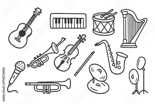 Musical Instrument Doodles. Music doodle icon set: hand drawn icons of guitar, piano, drum, trumpet, violin, saxophone, microphone
