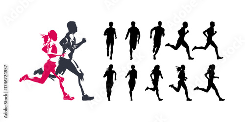 Run, group of running people. Marathon running men and women, set of isolated vector silhouettes. Track and field athletes