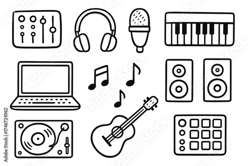 Music Studio Icons. Music studio doodle icon set: hand drawn icons of mixer, headphones, mic, keyboard, laptop, speakers, notes,