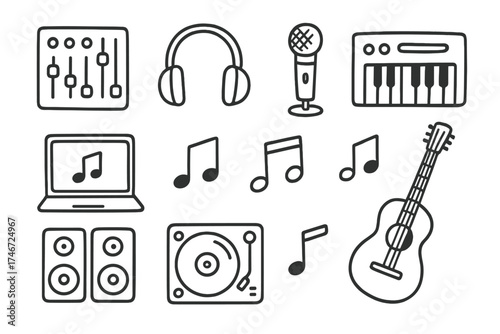 Music Studio Icons. Music studio doodle icon set: hand drawn icons of mixer, headphones, mic, keyboard, laptop, speakers, notes,