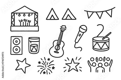 Music Festival Doodle Icons. Music festival doodle icon set: hand drawn icons of stage, tents, flags, microphone, speakers, guitar