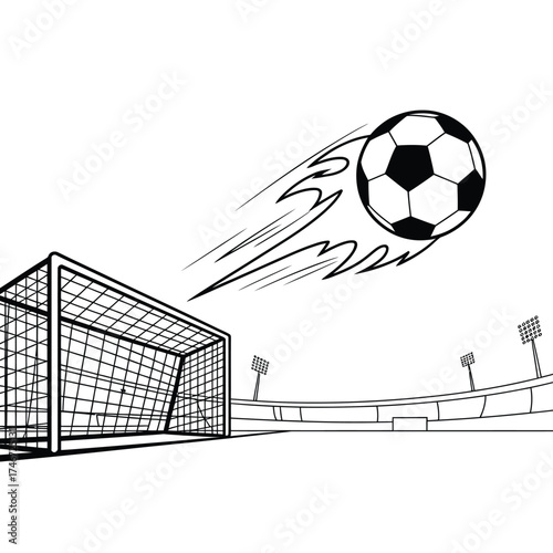 Dynamic black and white sketch of a soccer ball flying towards a goal