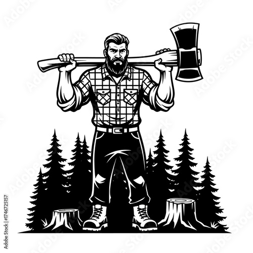 Strong Lumberjack with Axe Standing in Forest.