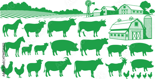green farm scene vector with barns and animals for agricultural branding and rural themed design