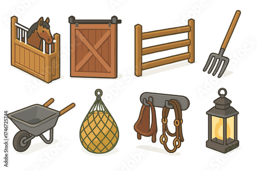 Stable Life Icons. Stable life isometric set. horse stall, barn door, paddock fence, mucking fork, wheelbarrow, hay net, tack rack, stable lantern.