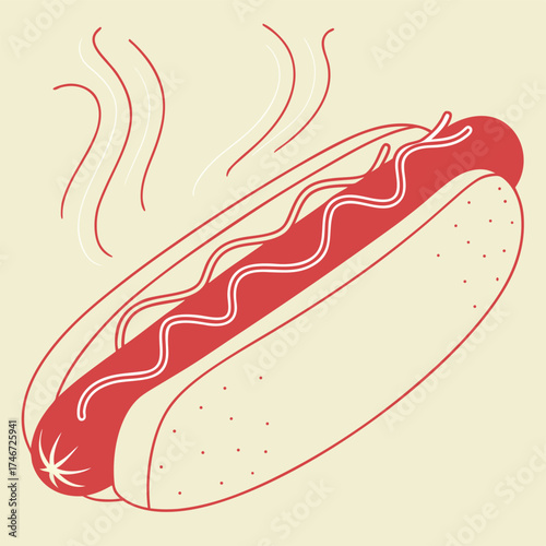 Vector art of stylized illustration of a hot dog with mustard and steam, on a cream background
