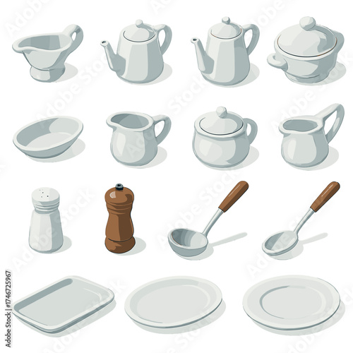 Modern Tableware Icons. Dining tableware isometric set. gravy boat, teapot, coffee pot, soup tureen, sauce dish, creamer, sugar bowl, butter dish, salt shaker, pepper grinder
