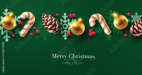 Elegant green Merry Christmas background with gold ornaments, candy canes, pinecones, and red berries. Perfect festive layout for luxury holiday cards, winter banners, and seasonal promotions.