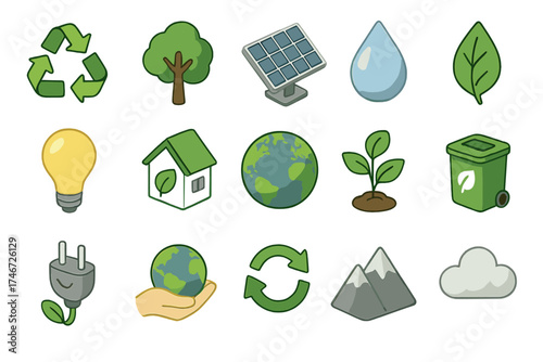 Eco Icon Collection. Sustainability isometric set. recycling arrows, tree, solar panel, wind turbine, water droplet, leaf, globe, plant sprout, lightbulb, eco house, hand holding