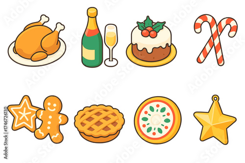 Festive Holiday Feast Icons. Holiday Mealtime isometric set. roast turkey, champagne bottle, festive cake, candy canes, gingerbread cookies, pie, decorative plate, star ornament.