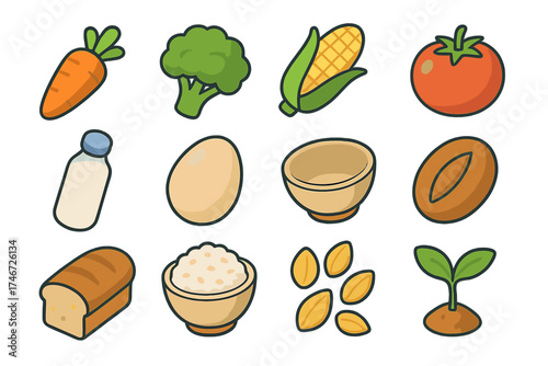 Isometric Food Icons. Food habit isometric set. carrot, broccoli, corn, tomato, milk bottle, egg, bowl, nut, bread loaf, rice, seed, sprout.