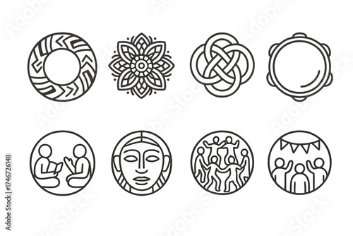 Cultural Circle Icons. Cultural circles outline set. tribal circle, mandala circle, heritage knot circle, drum circle, storytelling circle, ancestral circle, unity dance circle