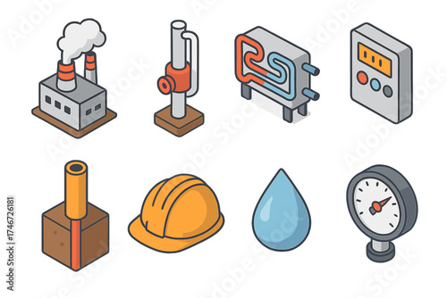 Geothermal Energy Icons. Industrial Geothermal isometric set. factory with steam, geothermal pump, heat exchanger, control panel, underground shaft, hard hat, water droplet, gauge