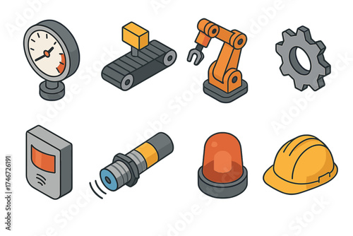 Industrial Sensor Icons. Industrial Sensors isometric set. pressure gauge, conveyor belt sensor, robotic arm, factory gear, infrared detector, proximity sensor, warning light, hard