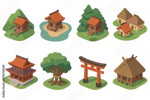 Heritage Shrine Icons. Heritage shrines isometric set. mountain shrine, river shrine, forest shrine, village shrine, temple shrine, ancestral tree, spirit gate, ceremonial hut.