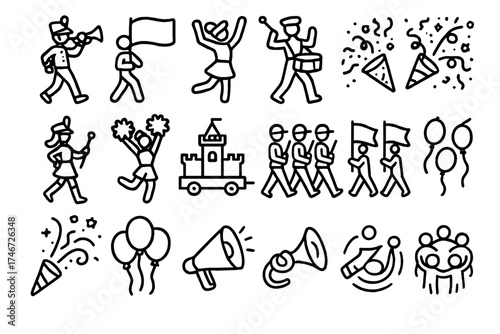 Festive Parade Elements. Parade outline icons. marching band, flag bearer, baton twirler, drumline, majorette, cheerleader, parade float, confetti, streamer, balloon, marching