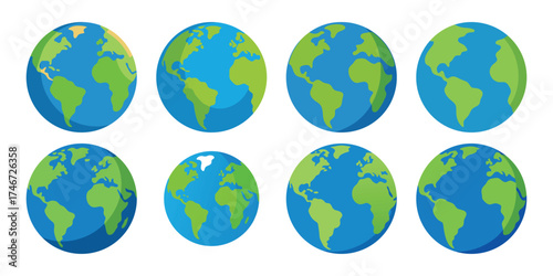 Eight stylized illustrations of planet earth showing different continents and oceans from various angles